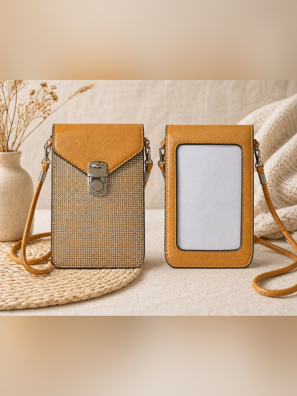 Stylish Blinged Out Silver and Mustard Phone Pouch With Bling.